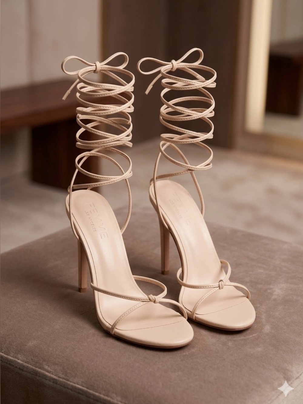 Femme LA Nude Lace-Up Stiletto Sandals - Size 38 Euro